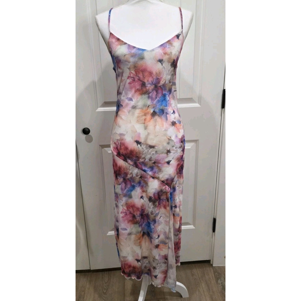 Caution To The Wind Floral Midi Dress Mesh Lined Slip Wrap Side Slit Bodycon M